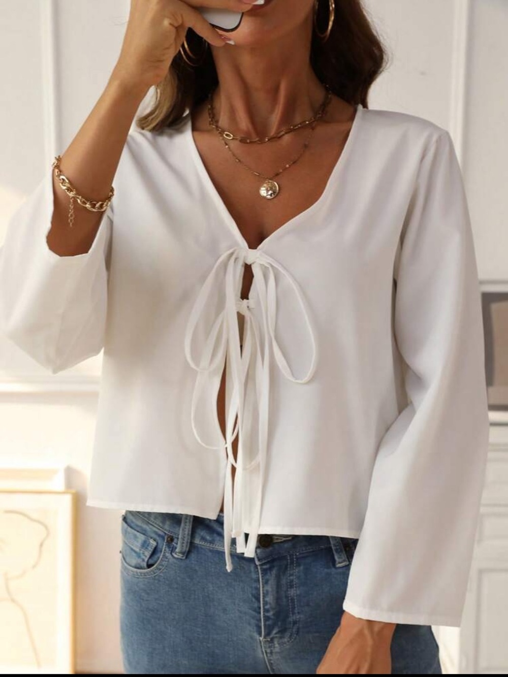 Women's White Tie-Front V-Neck Blouse